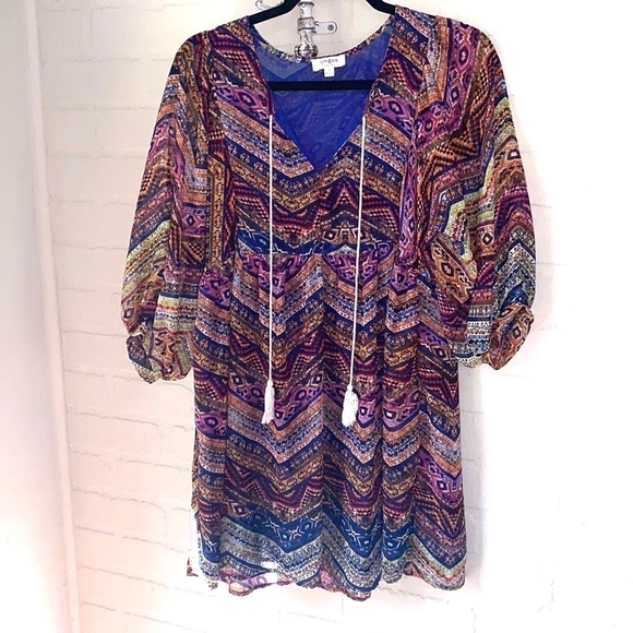 Umgee Boho dress boho hippie babydoll peasant tassel detail‎ lined - Picture 2 of 5